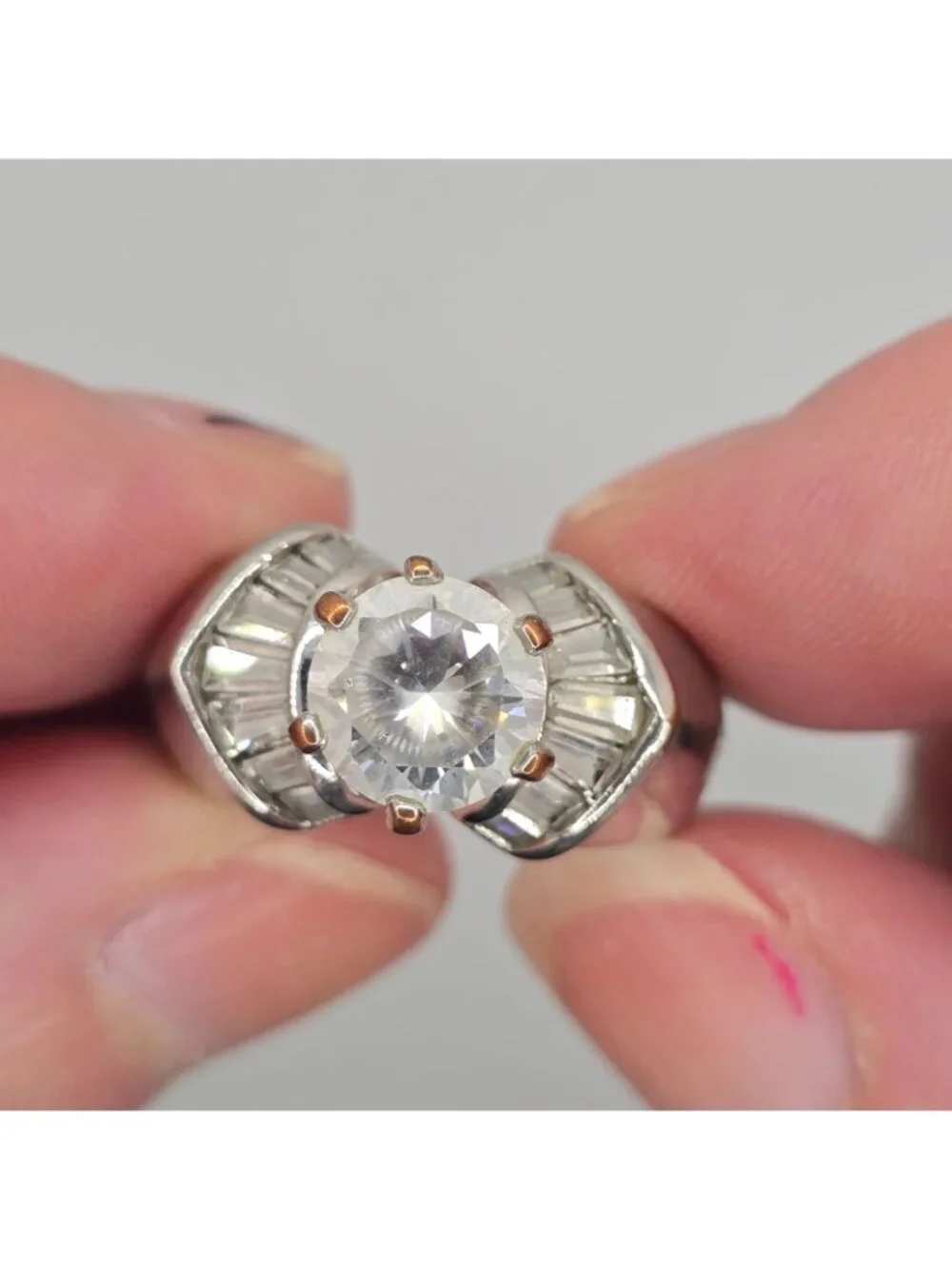 Vintage Silver-Tone Cocktail Ring Large Clear Center Stone Baguette Accents Size